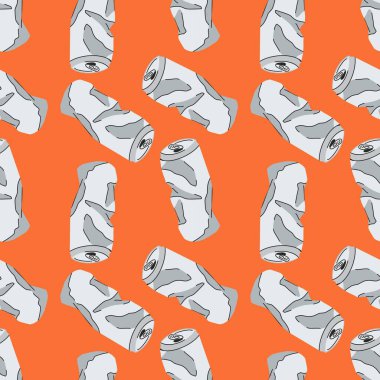 Kırmızı arka planda buruşmuş teneke kutular. Kirlilik sorunu, geri dönüşüm, sıfır atık kavramı. Elle çizilmiş modaya uygun, kusursuz bir model. Düz dizayn, çizgi film, elle çizilmiş..