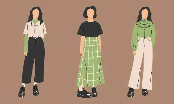 Modaya Uygun Kadın Birlikte Duruyor Modern Hippi Kıyafetleri Içinde Şık — Stok Vektör