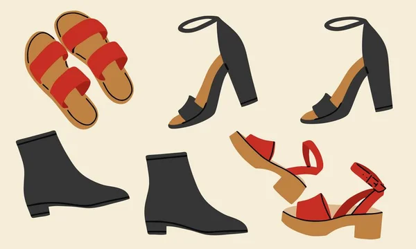 Beyaz arka planda izole edilmiş kadın ayakkabılarının vektör simgeleri. Sandaletler, tahtalar, spaoogi. Moda ayakkabıları koleksiyonu. Düz tasarım, el çizimi karikatür, vektör çizimi.