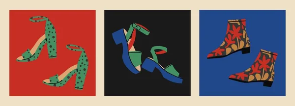 Kadın ayakkabılarının vektör simgeleri. Sandaletler, tahtalar, spaoogi. Moda ayakkabıları koleksiyonu. Düz tasarım, el çizimi karikatür, vektör çizimi.