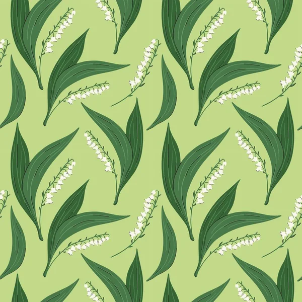 Lilies of the valley on a green background. Vector seamless pattern. Spring flowers. Hand drawn realistic illustrations. Printing on textiles, fabrics, packaging. Flat design. — Image vectorielle