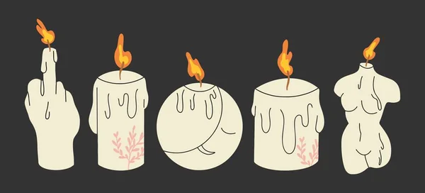 一套现代燃烧的各种形状和颜色的蜡烛 一个女性形象 一个月亮 一个有植物的蜡烛 一个手的蜡烛 平面设计 手绘漫画 矢量图解 — 图库矢量图片