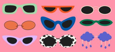 Big set of sunglasses. Retro framed sunglasses, vintage fashion. Flat design, cartoon hand drawn, vector illustration. Template for printing.