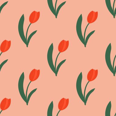 Pembe arka planda kusursuz kırmızı lale deseni. Düz tasarım, el çizimi karikatür, vektör çizimi.