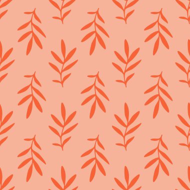 Pembe arka planda yaprakları olan, kırmızı dalları olan kusursuz bir desen. Düz tasarım, el çizimi karikatür, vektör çizimi.