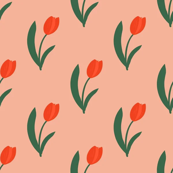Modèle Sans Couture Tulipes Rouges Sur Fond Rose Conception Plate — Image vectorielle