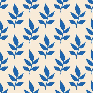 Seamless blue branches with leaves on a light background. Flat design, cartoon hand drawn, vector illustration.