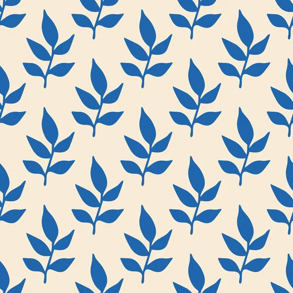 Seamless blue branches with leaves on a light background. Flat design, cartoon hand drawn, vector illustration. — Stockový vektor