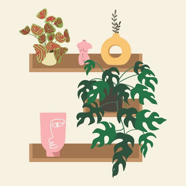 Estante de pared con varias plantas, jarrones y decoraciones. Elementos interiores. Diseño plano, dibujos animados dibujados a mano, vector. — Archivo Imágenes Vectoriales