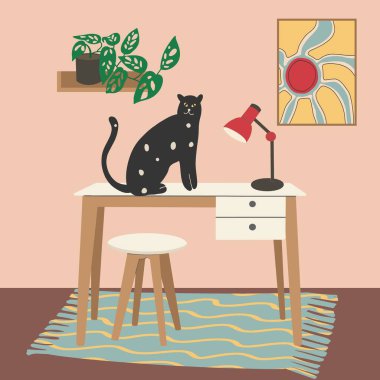 Room interior. Desk with chair, carpet, plant, lamp and cat. Flat design, hand drawn cartoon, vector.