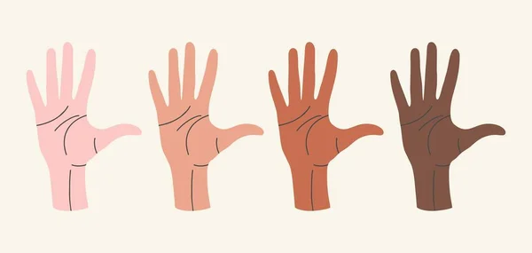 Çok ırklı ve çeşitli eller beyaz arka planda izole bir şekilde kaldırıldı. Düz dizayn, el çizimi karikatür, vektör.