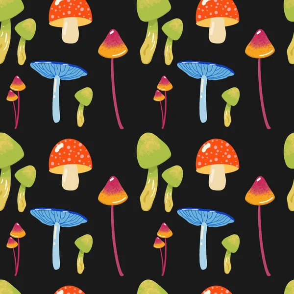 Cute vector pattern with various poisonous mushrooms on black, seamless pattern. Flat design, hand drawn cartoon, vector. — Image vectorielle