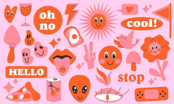 Grote Set Van Verschillende Cartoon Iconen Stickers Emoticons Planten Objecten — Stockvector