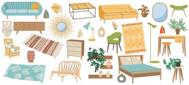 Large set of furniture icons in scandinavian style. Boho style. Sofa, wardrobe, mirror, bench, carpet, macrame, lamp, vase, armchair, bed, bench, etc. Flat design, cartoon illustration.
