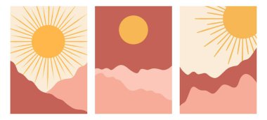 Güneşli, yaratıcı, soyut dağ manzaraları. Elle çizilmiş dağlarla, gökyüzüyle, güneşiyle ve ayıyla modern orta yüzyılın vektör çizimleri. Moda tasarımı.