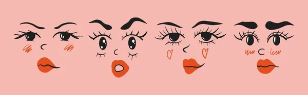 Female Abstract Cartoon Variations Facial Expressions Pink Background Flat Design — стоковый вектор