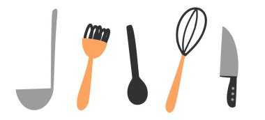 A set of kitchen utensils. Knife, spoon, ladle, whisk. Flat design, cartoon hand drawn, vector.