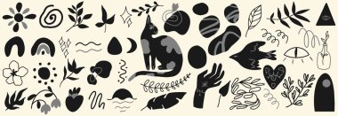 Büyük bir set farklı çizimler, hayvanlar ve bitkiler, boho tarzında karalamalar ve nesneler. Siyah vektör simgelerinin toplanması. Düz dizayn, çizgi film tarzı.