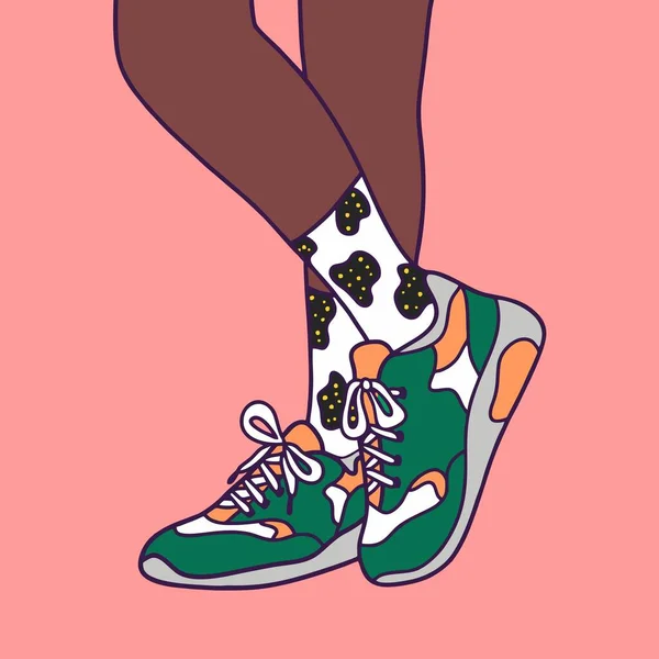 スニーカーを履いた女性の足 スタイル ストリートファッション 販売のためのテンプレート ポスター フラットデザイン 漫画の手が描かれ ベクトル — ストックベクタ