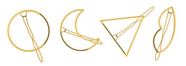 Daire şeklinde çeşitli altın saç tokaları, hilal, üçgen ve dudaklar. Saç aksesuarları, güzellik tasarımı. Kadın kuaförü konsepti. Düz dizayn, el çizimi, çizgi film.