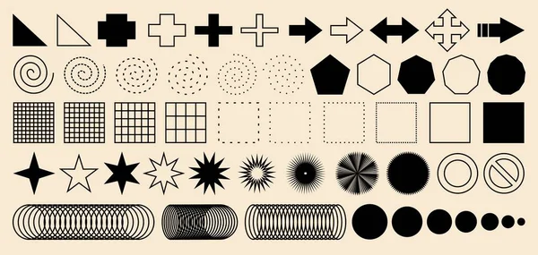 Büyük geometrik şekiller seti. Memphis tasarımı, web, vintage, reklamcılık, ticari afiş, poster, ilan panosu, satış için retro elementler. Moda yarım ton vektör geometrik şekillerin koleksiyonu.