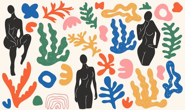 Farklı çıkartmalardan oluşan büyük bir set. Kadın oturma, bitkiler, soyut şekiller. Henri Matisse 'den esinlenilmiştir. Düz vektör çizimi, el çizimi çizgi film.
