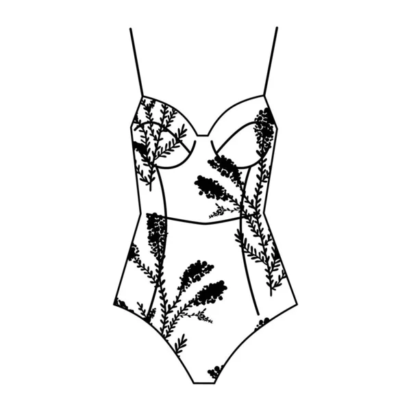 Dames Transparant Bodysuit Met Zwart Bloemenborduursel Modieus Handgemaakt Ondergoed — Stockvector