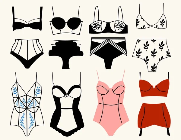 Een Grote Set Lingerie Met Kant Fluweel Modieus Handgemaakt Ondergoed — Stockvector