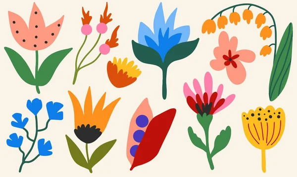 Large Set Hand Drawn Flowers Flat Design Cartoon Vector Illustration — 图库矢量图片