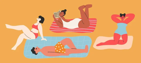 Different People Lie Towels Blankets Cute Characters Relaxing Sunbathing Reading — ストックベクタ