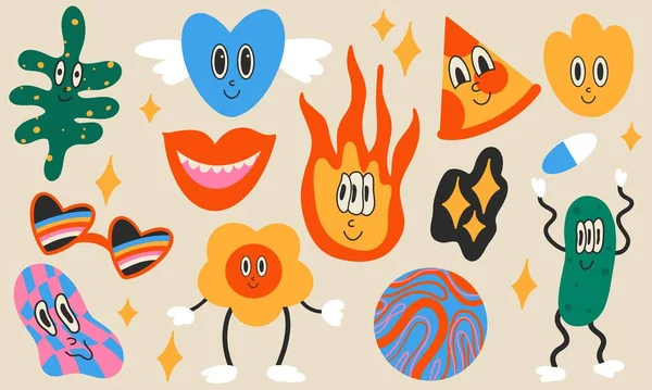 Hand Drawn Abstract Funny Cute Comic Characters Big Set Colorful — Διανυσματικό Αρχείο