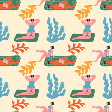 Farklı insanlar havluların ya da battaniyelerin üzerine yatar, kusursuz desenler. Sevimli karakterler dinleniyor, güneşleniyor, kitap okuyor. Yaz zamanı, plaj, tatil konsepti..