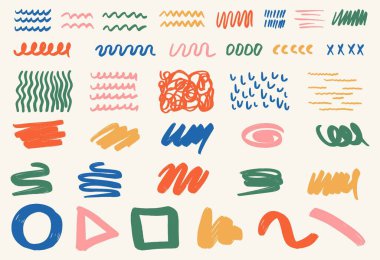 Farklı soyut şekiller ve kalıplar kümesi. El çizimleri. Modern moda illüstrasyonu. Düz tasarım, çizgi film çizimi, vektör.