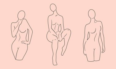 Poz veren soyut kadın silueti. El yapımı bir çizgi. Kadın cesetleri. Kolaj tekniğinde düz vektör çizimi izole edildi.