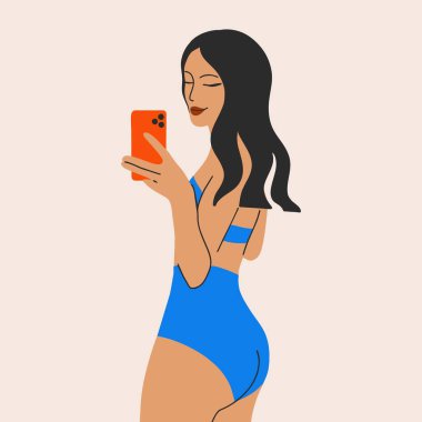 Mayolu genç bir kız telefonda fotoğraf çekiyor, bir selfie. Güzel bayan. El çizimi modern illüstrasyon. Moda bikini, iç çamaşırı ya da mayo..