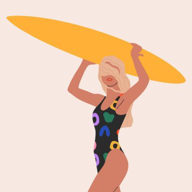Young stylish girl in a swimsuit holds a surfboard. Hand drawn modern illustration. Fashionable bikini, underwear or swimsuit. Summer poster.