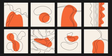 Büyük bir soyut geçmiş seti. Elleri çeşitli şekillerde çizilmiş, yapraklar, yüz, noktalar, damlalar. Modern trend vektör illüstrasyonu.