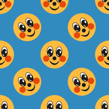 Renkli, mutlu ve üzgün ifadeleri olan kusursuz bir model. Çocuklar için el çizimi moda vektör çizimi. Kumaş, tekstil, hediyeler, duvar kâğıdı, kitap dekorasyonu vs. için uygun.