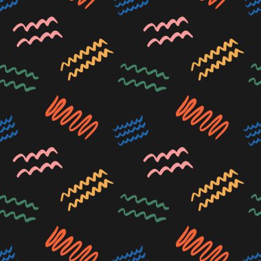 Cheerful colorful doodles, seamless pattern. Creative minimalist art background for kids or trendy design with basic shapes. Flat design, hand drawn, cartoon.