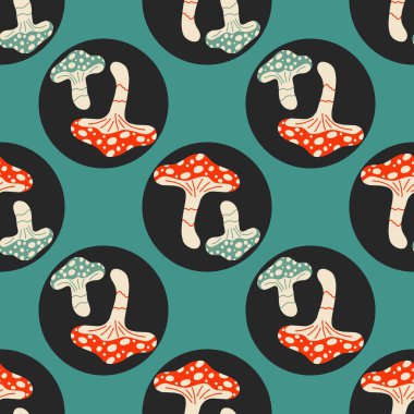 Amanita kırmızı mantar dikişsiz desen. Vektör el karikatür çizimi. Karalama çizimi. Manita mantarsız desen, karalama, el çizimi, doğa, duvar kağıdı, sonbahar, orman, sonbahar vektör kavramı..