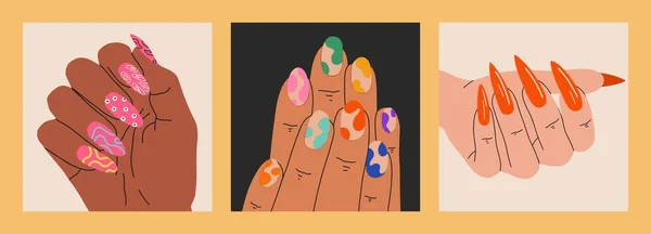 Womans Hand Well Groomed Bright Colorful Manicure Modern Design Poster — Stockový vektor