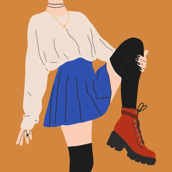 Fashionable Girl Stylish Clothes White Sweatshop Blue Pleated Skirt Stockings — стоковый вектор