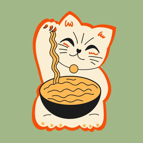 Erişteli maneki neko. Klasik Asya yapımı Japon yemeği suşi eriştesi. Bir Japon restoranının tanıtım şablonu. Ulusal oryantal şehriye reklamı..