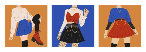 Fashion Girls Stylish Clothes Set Posters Fashionable Youth Images Grunge — Stockový vektor