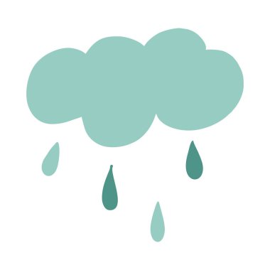 Mavi bulut ve yağmur damlaları. Beyaz arka planda izole edilmiş. Düz tasarım, çizgi film, vektör illüstrasyonu.