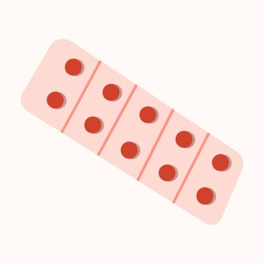 Vector illustration of red pills in a blister pack. Tablet stripe icon. Round tablets in a blister pack.
