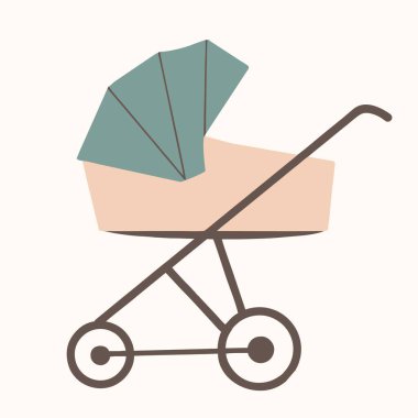 Baby stroller blue and beige, retro style. Vector illustration, subject isolated on a white background.