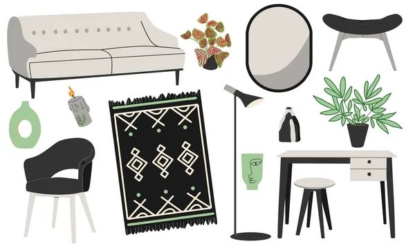 Large Set Furniture Living Room Scandinavian Style Black Gray Colors — ストックベクタ