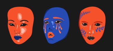 Set of bright masks. human faces with bright makeup. Vector illustration, flat design, hand drawn cartoon.
