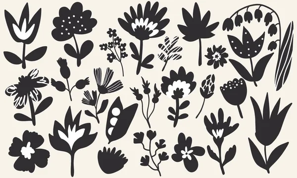 Large Set Hand Drawn Flowers Plants Black White Flat Design — 图库矢量图片